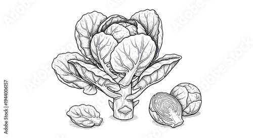 Hand Drawn Brussels Sprouts Illustration, Whole and Cut, Sketch Style