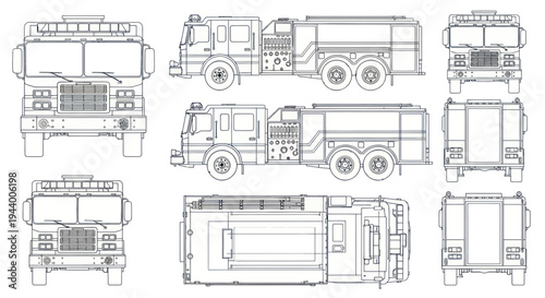 Fire Truck Blueprint - Multi-Angle Technical Drawing of a Fire Engine