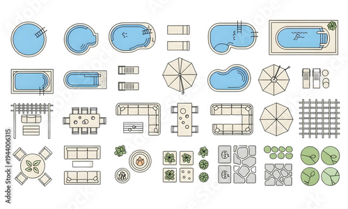 Modern Outdoor Furniture and Landscape Architecture Symbols Set with CAD Blocks Top View for Garden Patio Design and Floor Plans