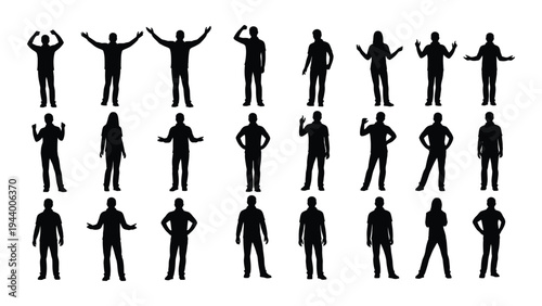 Collection of diverse human silhouettes displaying various body language and poses
