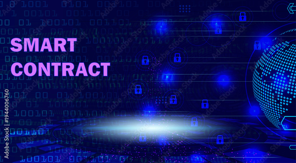Fototapeta premium Smart Contract text on a dark blue digital background with binary code, glowing globe, and padlock icons, representing blockchain technology and secure transactions.
