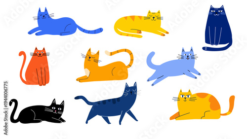 Set of cute cats in different poses. Funny cat characters with different emotions