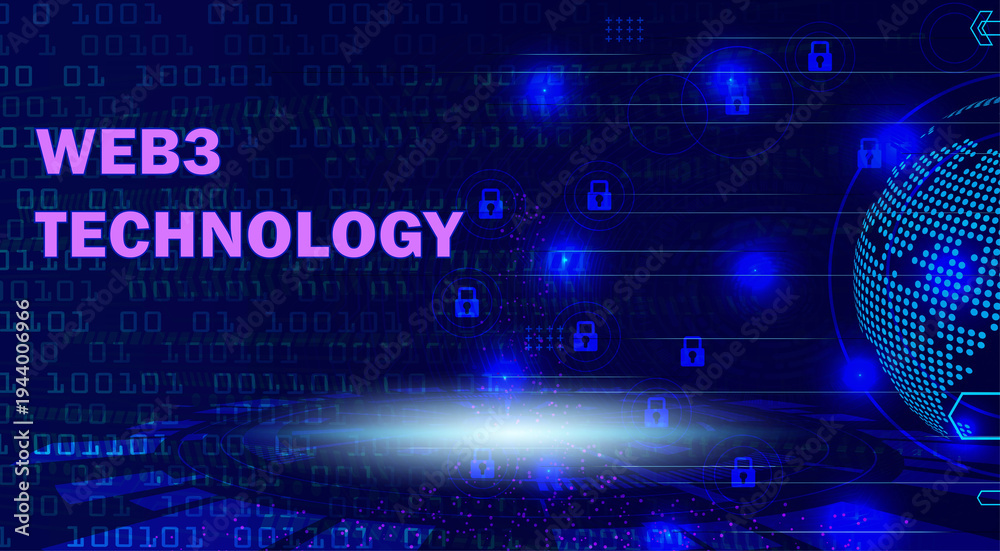 Fototapeta premium Web3 Technology concept background with glowing pink text, digital binary code, and a blue globe icon, representing decentralized internet and blockchain innovation.