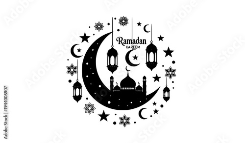 Ramadan Kareem vector illustration with crescent moon lanterns stars and mosque silhouette