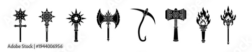 Black and white fantasy weapons feature icons are.