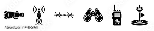 Surveillance tools show binoculars and barbed.
