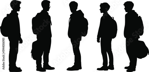 Student silhouettes with backpacks set, young male college students standing with school bags, education lifestyle people collection isolated black vector illustration