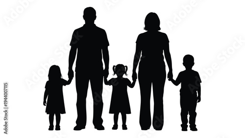 A silhouette of a family of five, consisting of a father, mother, and three children, conveying a sense of unity and togetherness in a simple yet powerful visual representation