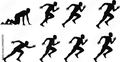 Sprinter running sequence silhouette showing athlete start acceleration and sprint motion stages track and field training speed action black vector illustration