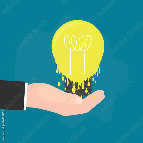 Human hand holding melting idea bulb. Depreciated ideas. Lack of effectiveness, unproductive, lacking creativity. Melted light bulb. Low energy.