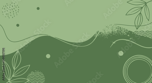 Abstract Green Background with Organic Wavy Shapes, Leaves, and Modern Geometric Elements