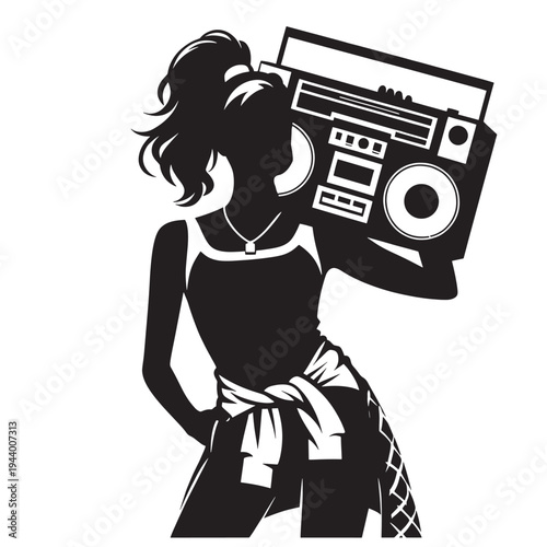 a black and white illustration of a woman with her hair in a ponytail, wearing a tank top and a shirt tied around her waist, holding a boombox over her left shoulder