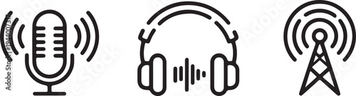 microphone headphone radio tower audio sound outline icon set vector illustration 