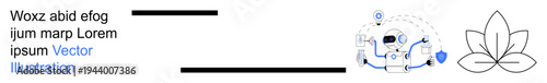 Artificial intelligence, mindfulness, technology integration, innovation, automation, environmental harmony. a robot with icons and a lotus. AI innovation and mindfulness concepts