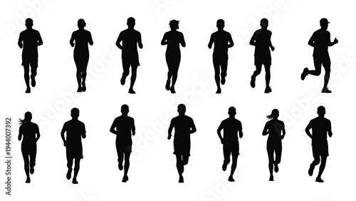 Collection of black silhouettes of men running in various poses and outfits on white background for fitness and sports illustrations