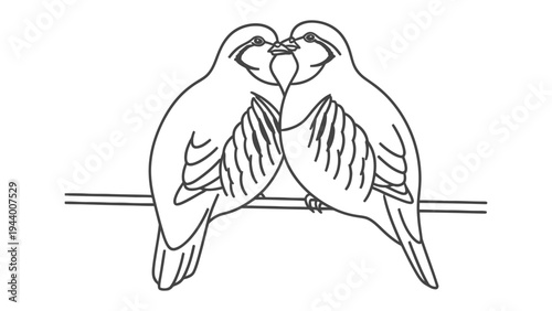 Two Pigeons Kissing: A simple yet elegant line drawing depicts two doves perched on a wire, sharing an intimate kiss. A symbol of love and peace, this artwork evokes tender emotions.