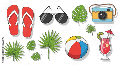 Set of 8 tropical icons vector, summer vacation symbols