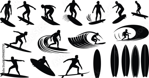 Surfing silhouettes collection with surfers riding waves and surfboards, extreme water sport action vector set isolated for summer beach adventure design