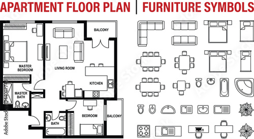 Professional 2D apartment floor plan with master bedroom and integrated furniture symbols library for interior architectural design