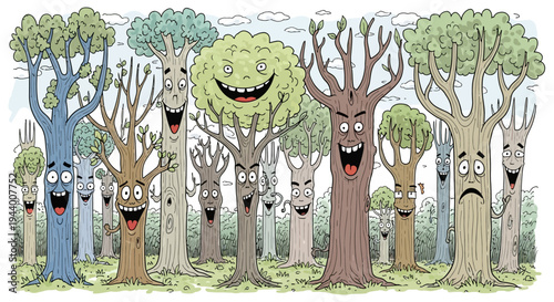 A cheerful and diverse group of cartoon trees with expressive faces in a whimsical forest setting