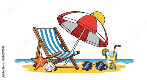Vector beach summer icons set with chair, umbrella and accessories