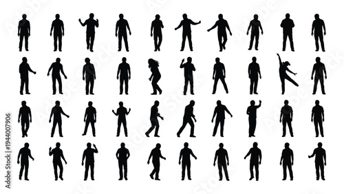 Collection of diverse human silhouettes in various poses and actions on white background for design and illustration