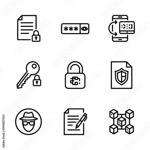 Digital Security and Access Icon Set — Locked Document, Password Field, Mobile Security, Key Lock, Encrypted Padlock, Shield File, Anonymous User, Signed Contract, Blockchain Node Line Art
