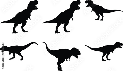 Tyrannosaurus Rex dinosaur silhouettes in various aggressive poses, featuring roaring, walking, and powerful standing stances, isolated on a white background.