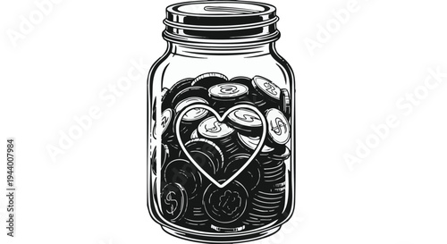 Vector illustration of coins in a jar with heart shape