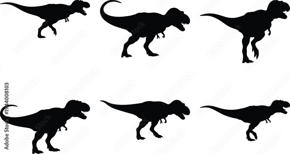 Naklejka premium Tyrannosaurus Rex dinosaur silhouettes in various dynamic walking and running poses, showcasing agility and power, isolated on a white background, ideal for prehistoric animal themes.