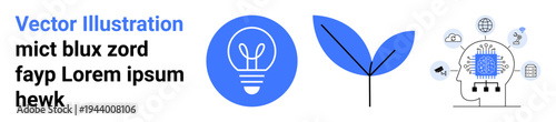 Technology, sustainability, innovation, artificial intelligence, renewable energy, brainstorming. A light bulb, a leaf and a head with circuit connections. Technology and sustainability concept