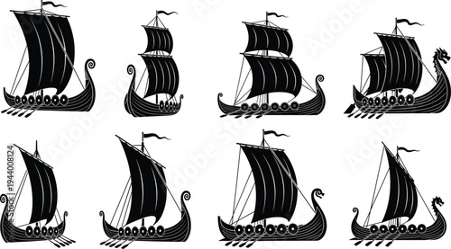 Viking longship silhouette set with dragon heads, ancient Norse sailing boats collection, medieval maritime vessels, detailed black vector illustration isolated on white background