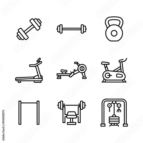 Gym Equipment Icon Set — Dumbbell, Barbell, Kettlebell, Treadmill, Rowing Machine, Exercise Bike, Pull Up Rack, Bench Press, Cable Machine Line Art