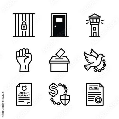 Criminal Justice and Rights Icon Set — Prison Bars, Jail Door, Guard Tower, Raised Fist, Ballot Box, Peace Dove, Arrest Warrant, Money Shield, Parole Document Line Art