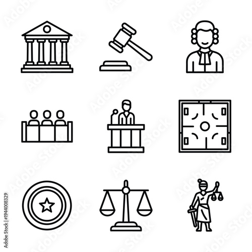 Courtroom and Justice Icon Set — Courthouse, Judge Gavel, Judge Wig, Jury Panel, Witness Stand, Courtroom Floor Plan, Sheriff Badge, Justice Scale, Lady Justice Line Art