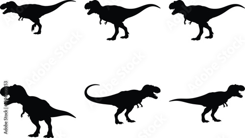 Tyrannosaurus Rex dinosaur silhouettes in various dynamic walking and standing poses, showcasing movement and power, isolated on a white background, perfect for prehistoric animal themes.