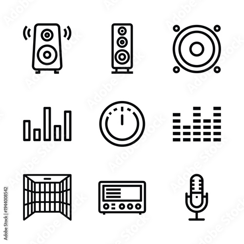 Audio and Sound Equipment Icon Set — Speaker Cabinet, Tower Speaker, Subwoofer, Sound Bars, Volume Knob, Equalizer Grid, Speaker Grille, Radio Tuner, Studio Mic Line Art