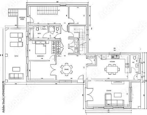 Professional 2D architectural floor plan blueprint with detailed dimensions room labels furniture layout and large outdoor patio