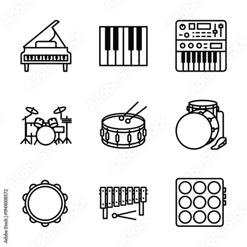 Keyboard and Percussion Instrument Icon Set — Grand Piano, Piano Keys, Synthesizer, Drum Kit, Snare Drum, Bongo, Tambourine, Xylophone, Drum Pad Line Art