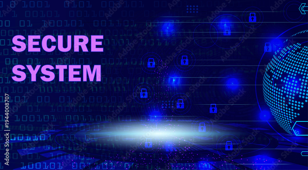 Obraz premium Secure System text on a dark blue digital background with binary code, glowing locks, and a shimmering global network sphere, representing cybersecurity and data protection.