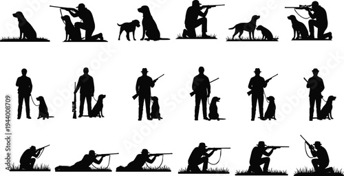 Hunter with dog silhouettes collection featuring shooting poses, hunting scenes, and canine companions isolated on white background for sport, wildlife, and outdoor design