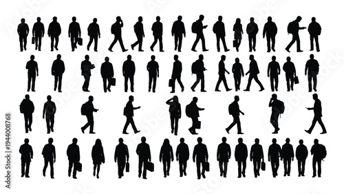 Collection of diverse human silhouettes in various walking postures and positions