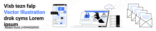 Cybersecurity, data protection, email security, cloud services, online threats, secure communication. A phone, desktop with lock symbol emails and cloud. Cybersecurity and data protection concept