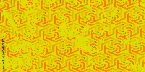 Vibrant yellow and orange geometric hexagon pattern with distressed grunge effect creating a bold abstract background.