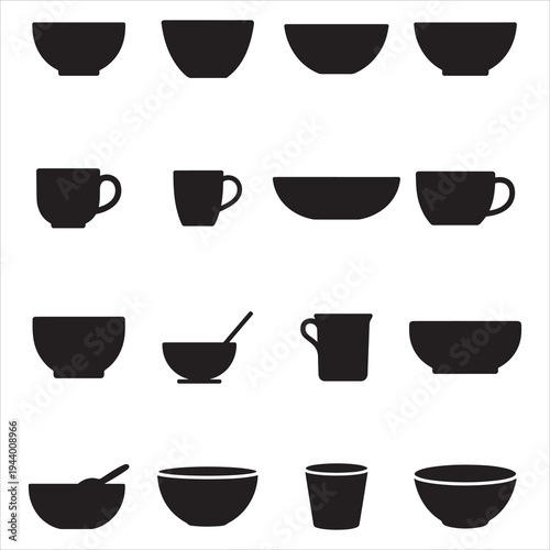 Modern Kitchenware Icon Set Minimalist Bowl and Mug Silhouette Vectors