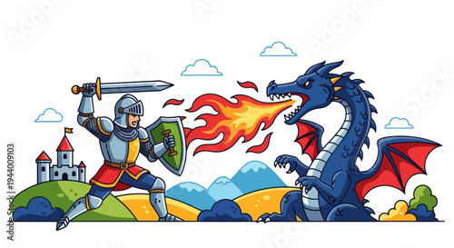Knight Fighting Dragon with Sword and Shield, Castle Background