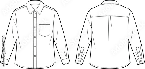 Long sleeve button shirt front and back technical fashion template outline apparel cad drawing flat vector illustration