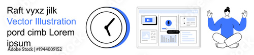 Time management, meditation, productivity, data analysis, workflow, balance. Abstract images of a clock, digital interface with data and a meditating person. Time management and productivity