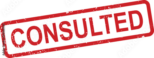 A prominent red rubber stamp with a grunge texture shows the word CONSULTED on a plain white canvas