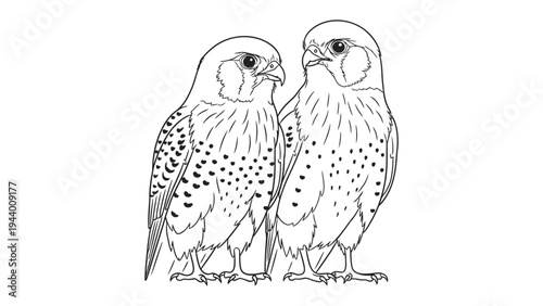 Falcon Duo's Vigilance: Two majestic falcons, depicted in striking detail, stand side-by-side, their keen eyes alert, ready to soar into the expansive sky.